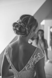 Black and white image of bridal hairstyle.