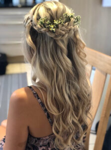 Long, flowing bridal hairstyle.