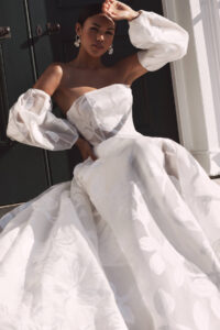 A fashionable bridal dress and makeup.