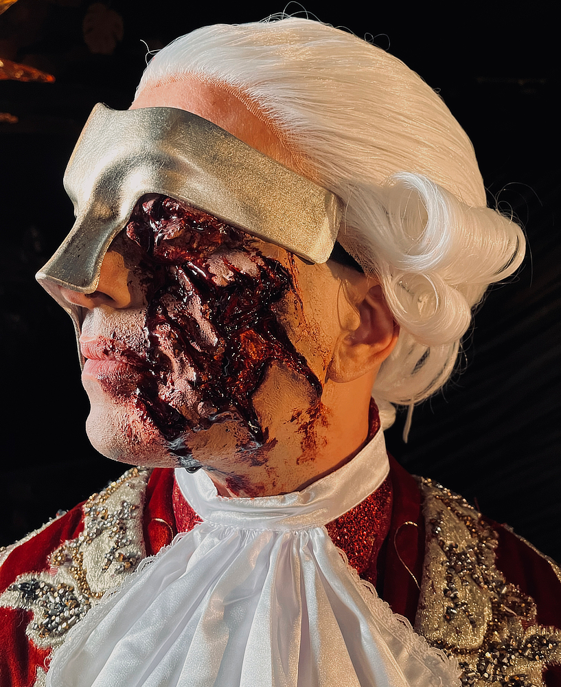 Gouged skin makeup effect using prosthetics and special effects makeup.